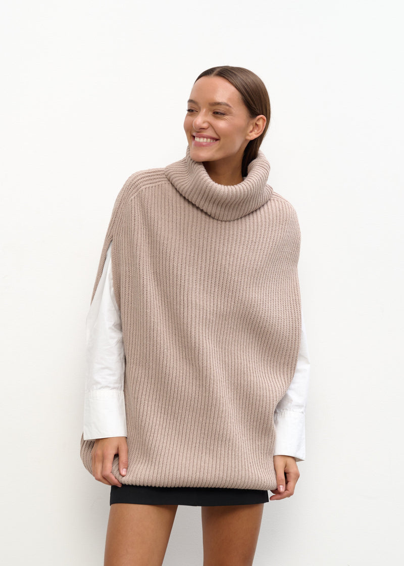 Women’s Oversized Beige Knit Sweater Vest – Long Turtleneck Layering Essential - BRIKOLY