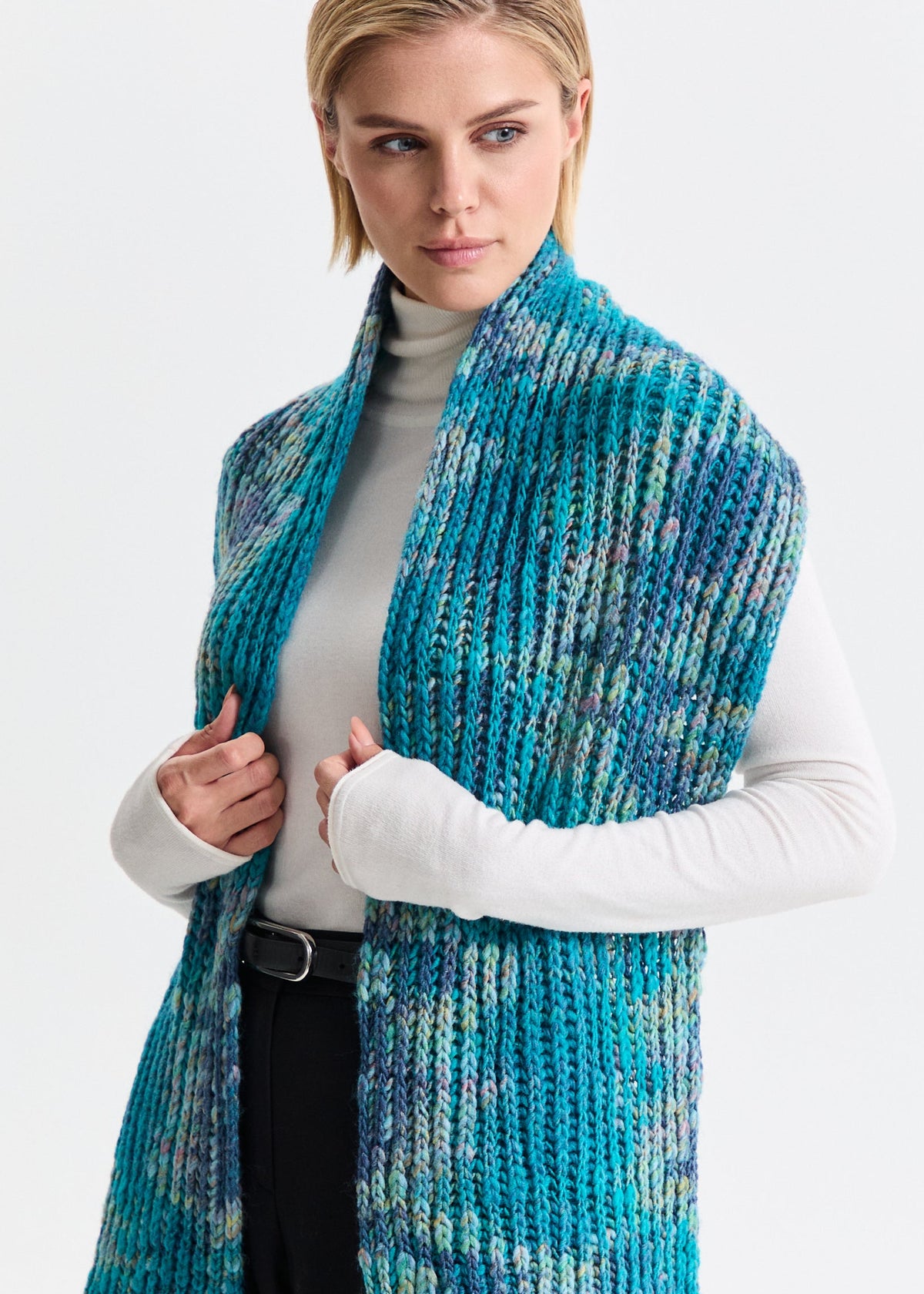 Oversized Tiffany alpaca-wool scarf: Front view draped over shoulders; beanie sold separately