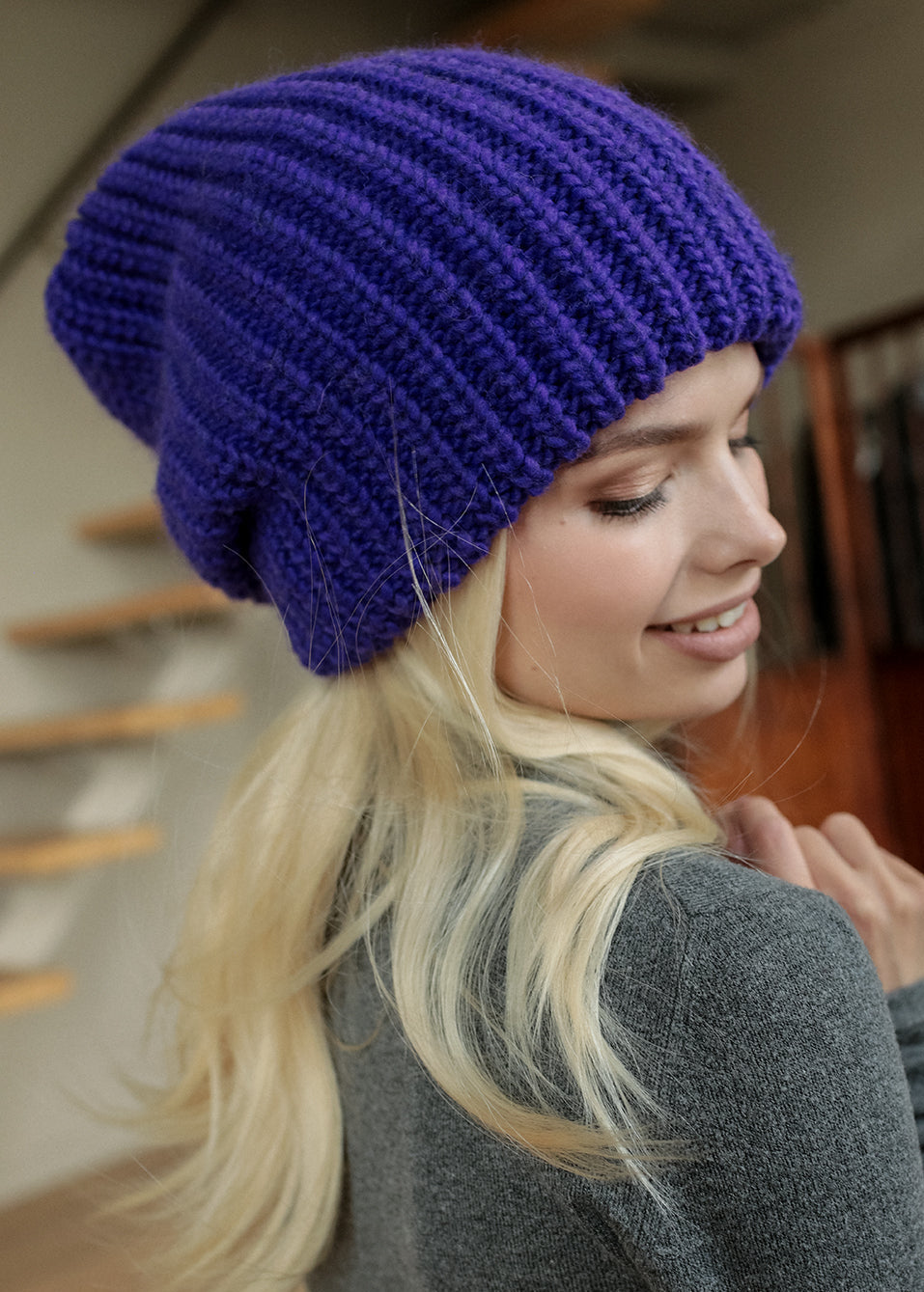 BRIKOLY London Lavender knit beanie shown in a close side view.