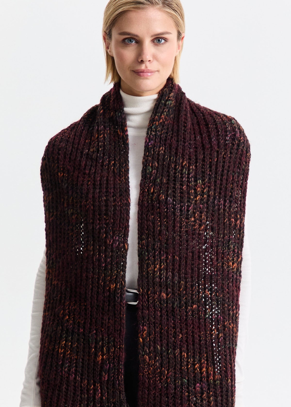 Oversized Maroon & Black alpaca-wool scarf: Front outfit view draped over shoulders; beanie sold separately