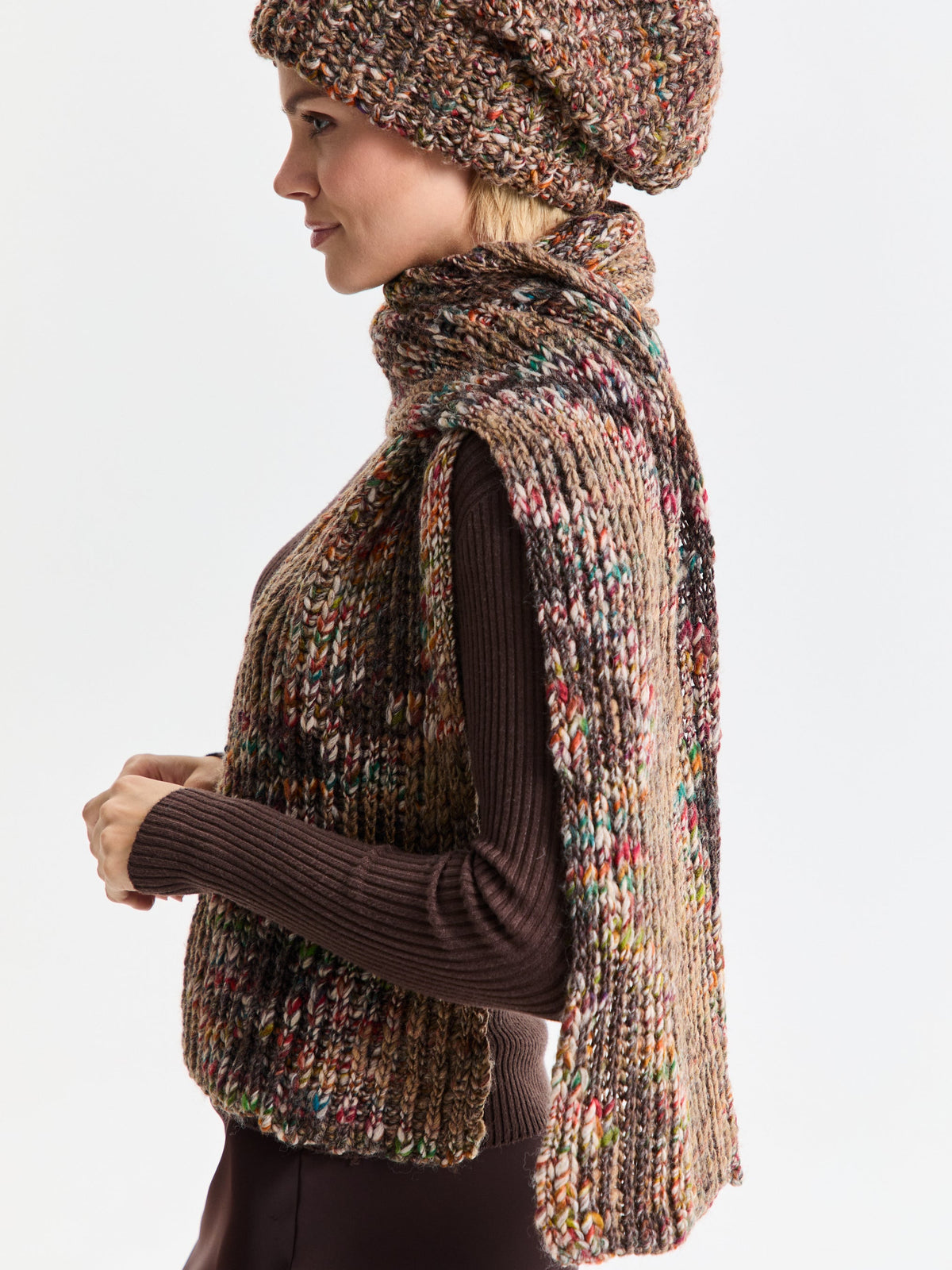Oversized Multicolor alpaca-wool scarf: Side outfit view with matching beanie; beanie sold separately