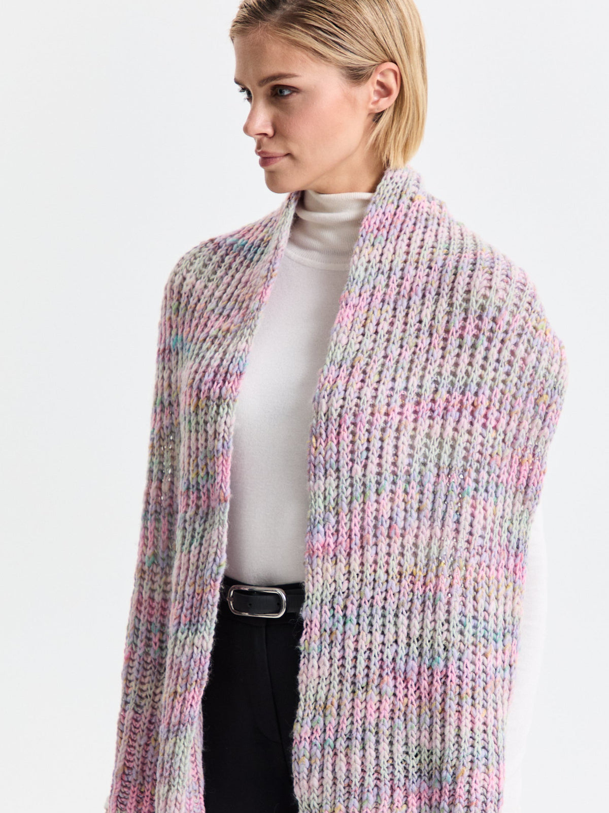 Oversized Unicorn alpaca-wool scarf: Front outfit view draped over shoulders; beanie sold separately