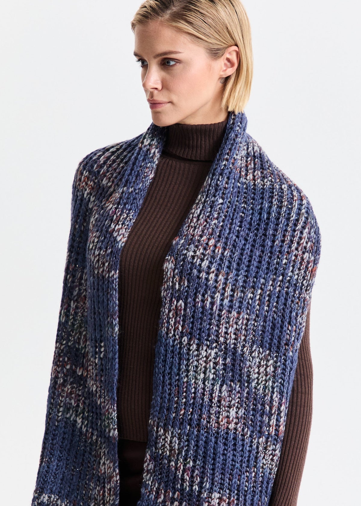 Oversized Lavender alpaca-wool scarf: Front outfit view draped over shoulders; beanie sold separately