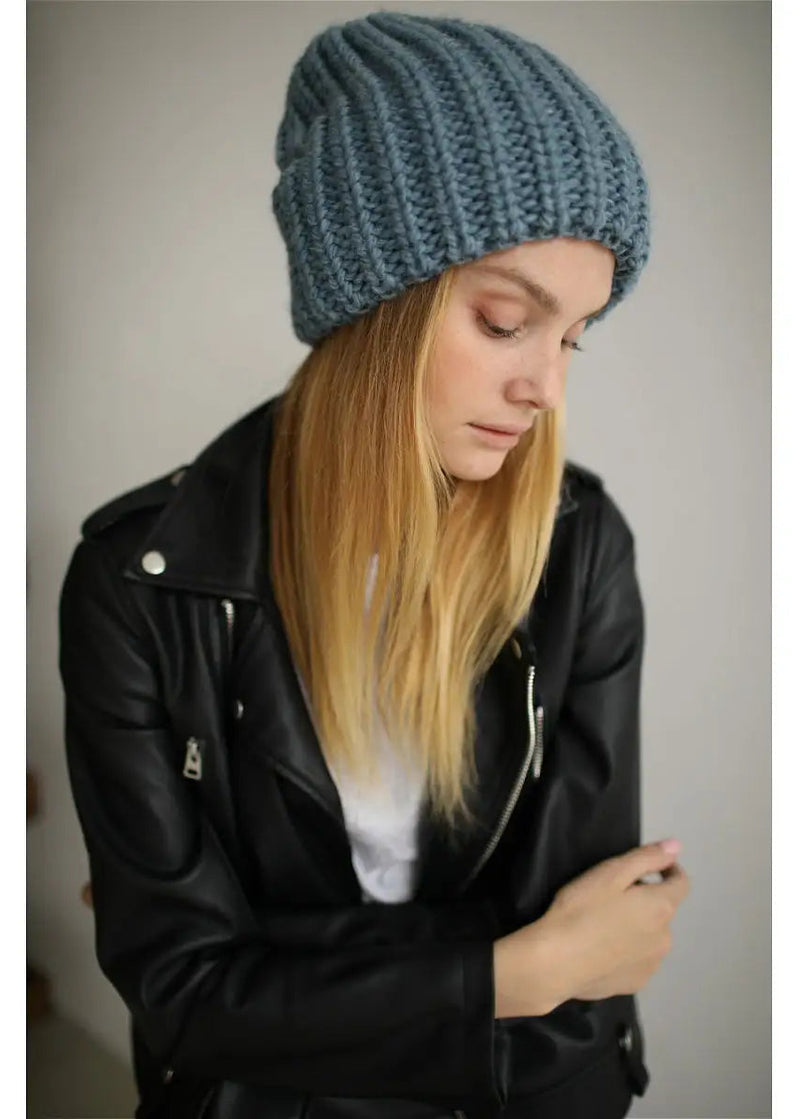 Oversized Double-Layer Wool Hat in Dusty Blue