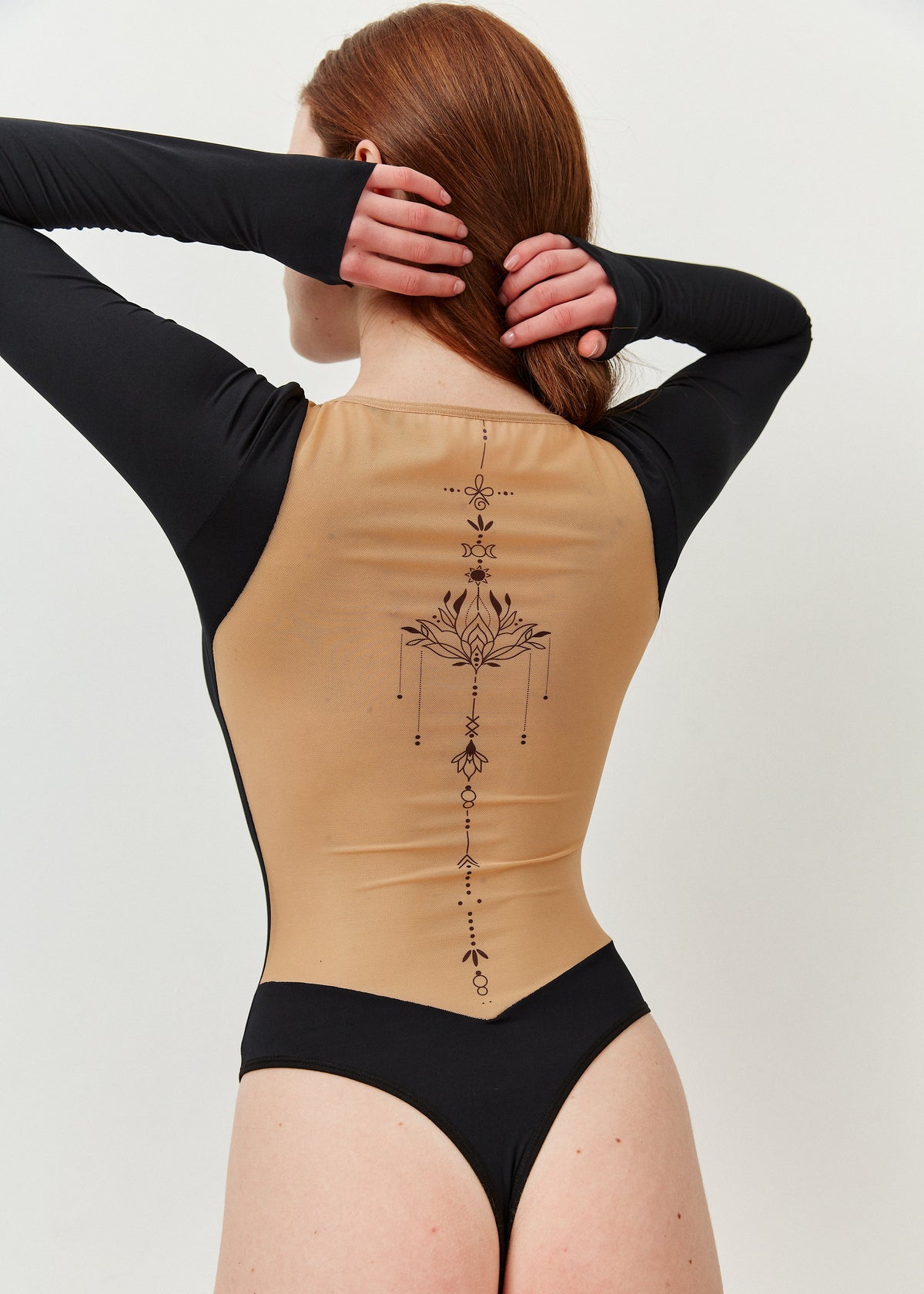 Minimal Bodysuit Long Sleeve Open Back with Fake Tattoo - BRIKOLY