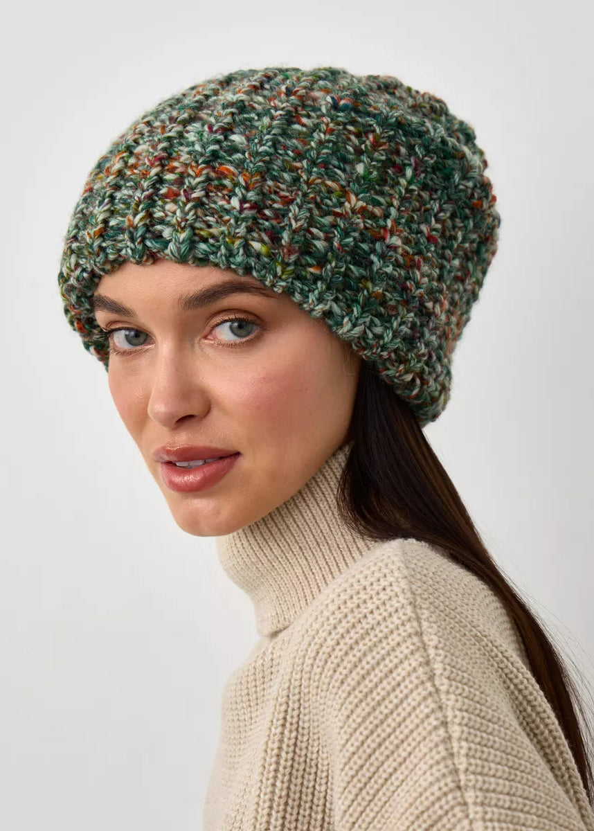 Oversized Green & Orange double-layer wool hat: Three-quarter portrait showing the brim