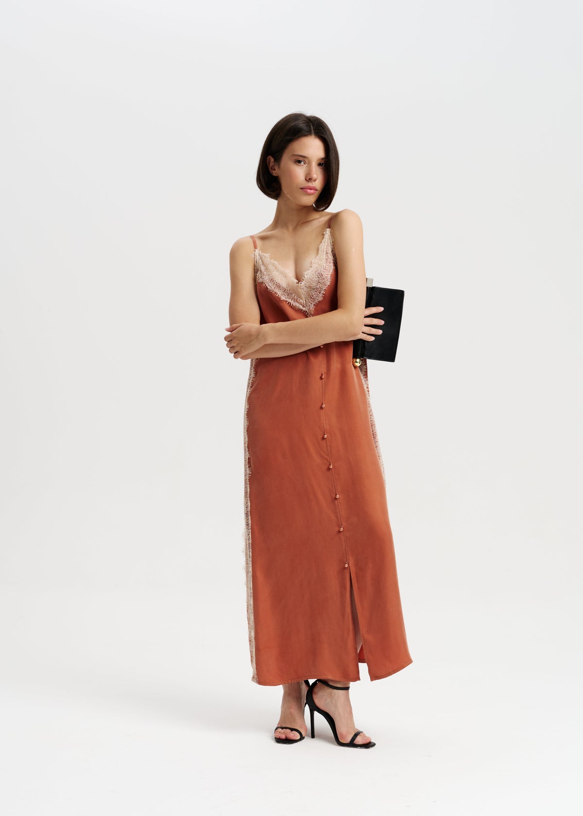 Terracotta Silk Slip Dress with Lace Details & Front Buttons - BRIKOLY