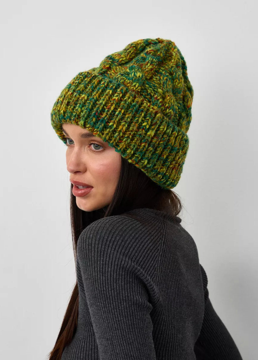 Tokyo Khaki cable knit wool beanie: Side portrait showing the folded cuff