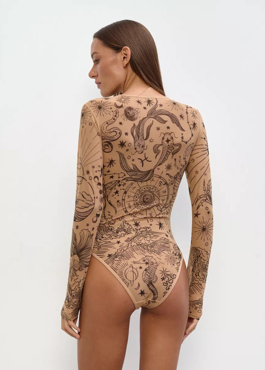 Water Essence Long Sleeve Bodysuit for Women – Unique Tattoo Design - BRIKOLY
