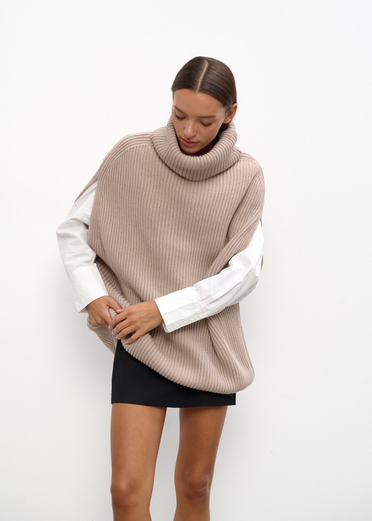 Women’s Oversized Beige Knit Sweater Vest – Long Turtleneck Layering Essential - BRIKOLY