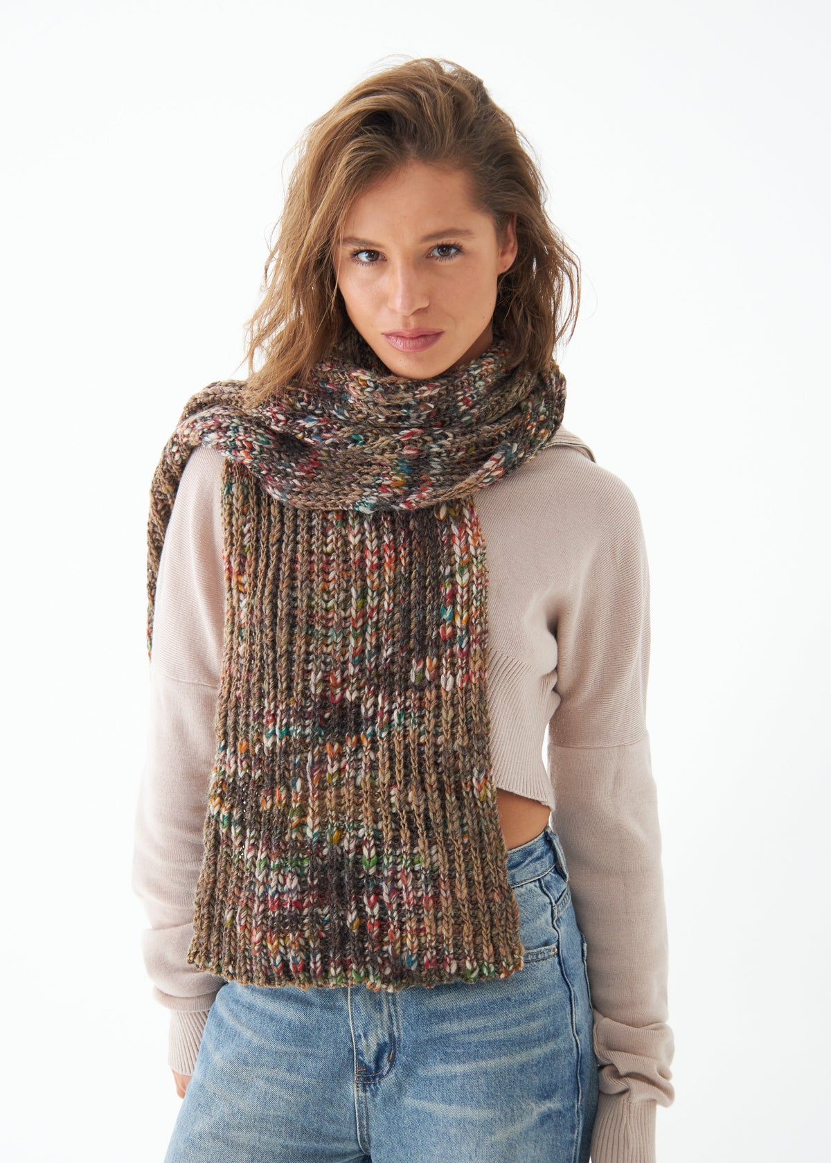 Oversized Multicolor alpaca-wool scarf: Front outfit view wrapped at the neck; beanie sold separately