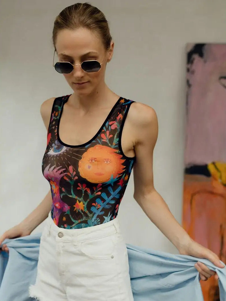 Eagle Mesh Sleeveless Bodysuit for Women - Tattoo Inspired Design - BRIKOLY