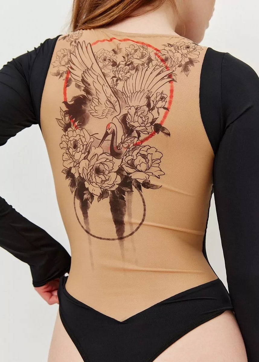 Crane Bodysuit Long Sleeve Open Back with Fake Tattoo - BRIKOLY