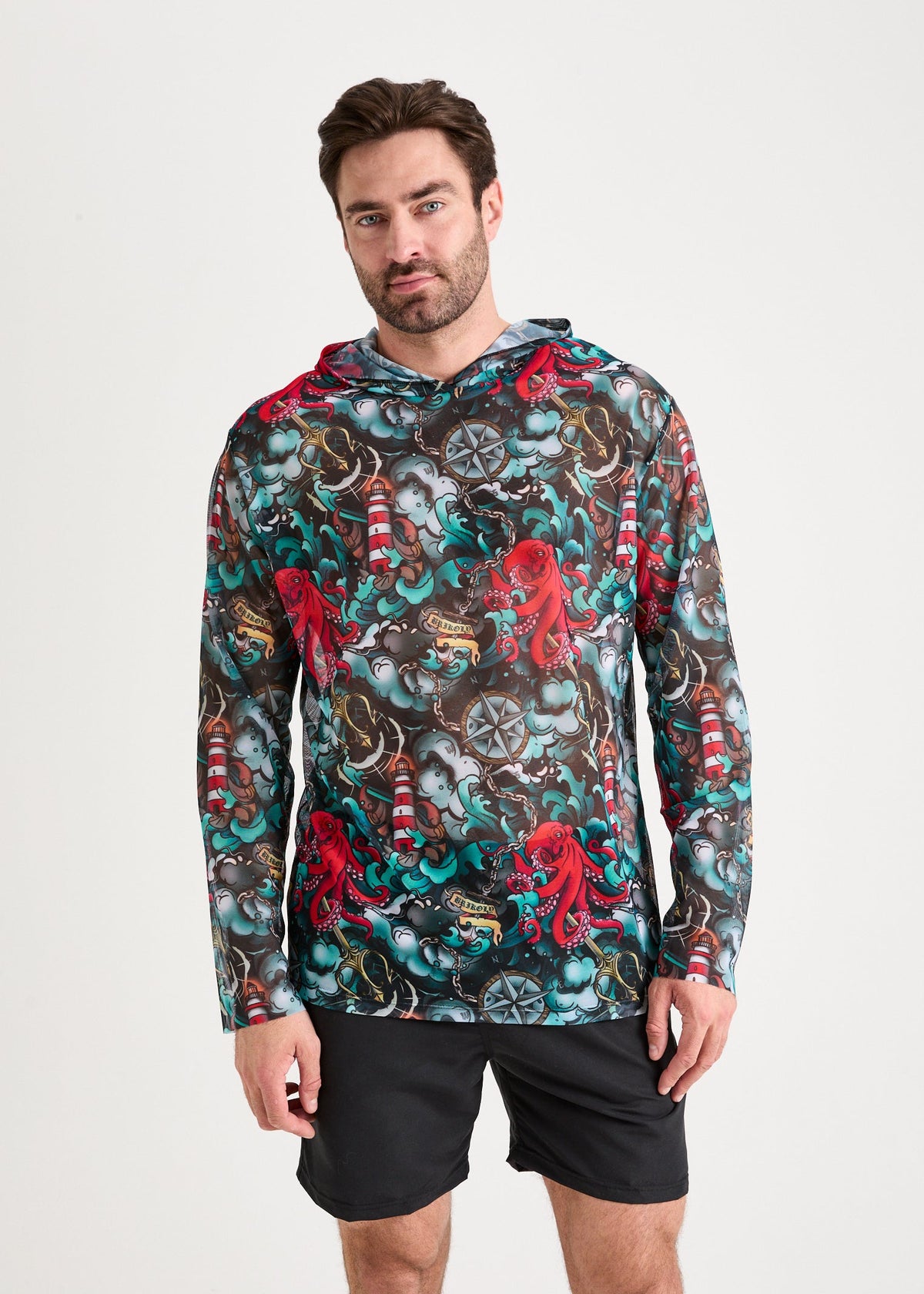 Octopus Red Men's Mesh Rash Guard – SPF 50 Long Sleeve Swim Shirt