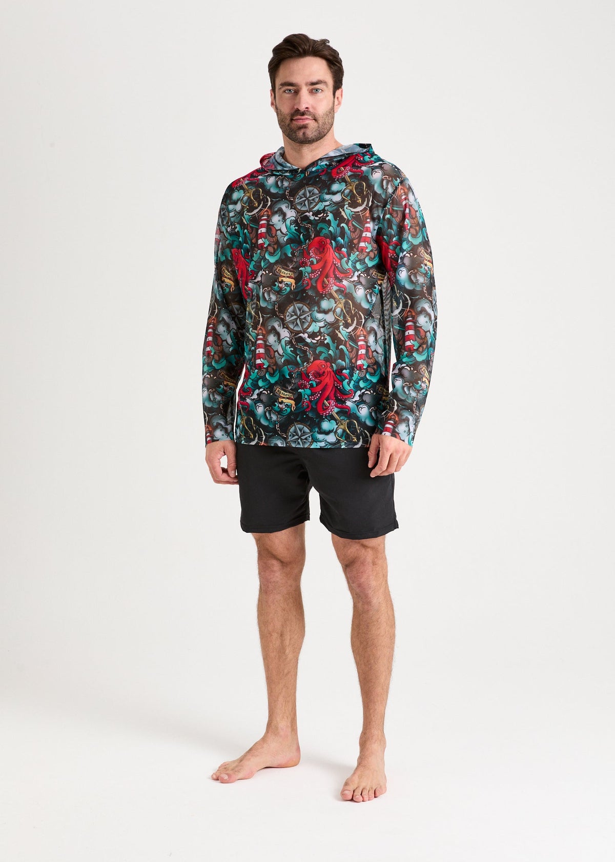 Octopus Red Men's Mesh Rash Guard – SPF 50 Long Sleeve Swim Shirt