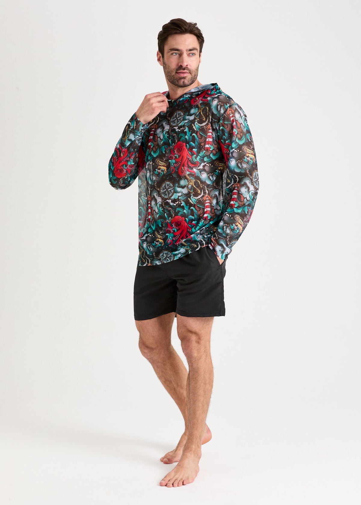 Octopus Red Men's Mesh Rash Guard – SPF 50 Long Sleeve Swim Shirt