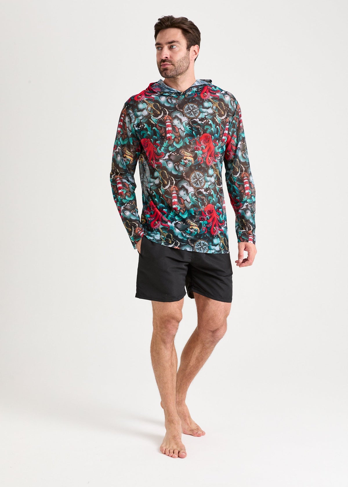Octopus Red Men's Mesh Rash Guard – SPF 50 Long Sleeve Swim Shirt