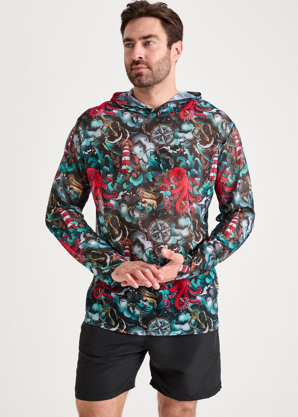 Octopus Red Men's Mesh Rash Guard – SPF 50 Long Sleeve Swim Shirt