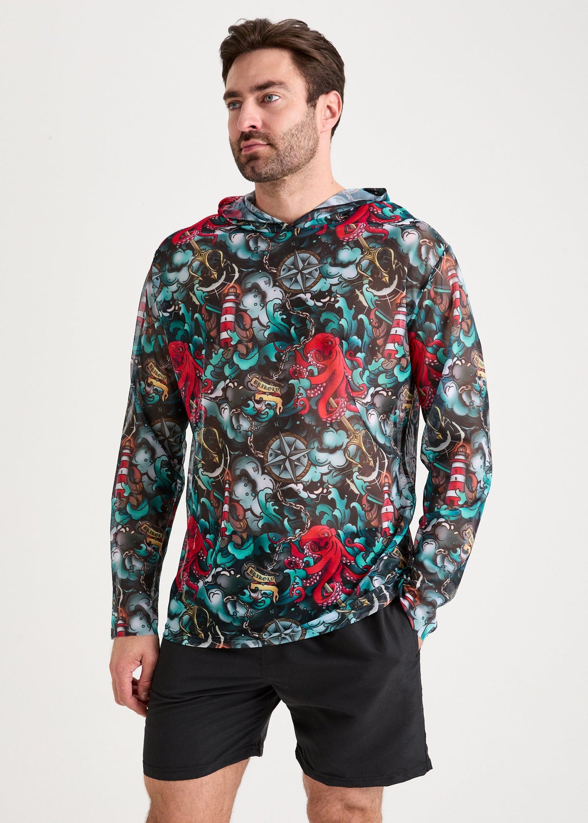 Octopus Red Men's Mesh Rash Guard – SPF 50 Long Sleeve Swim Shirt