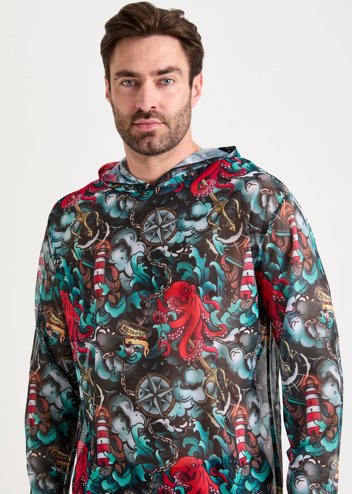 Octopus Red Men's Mesh Rash Guard – SPF 50 Long Sleeve Swim Shirt