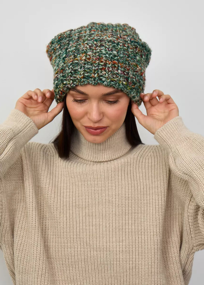 Oversized Green & Orange double-layer wool hat: Front view with hands at the brim