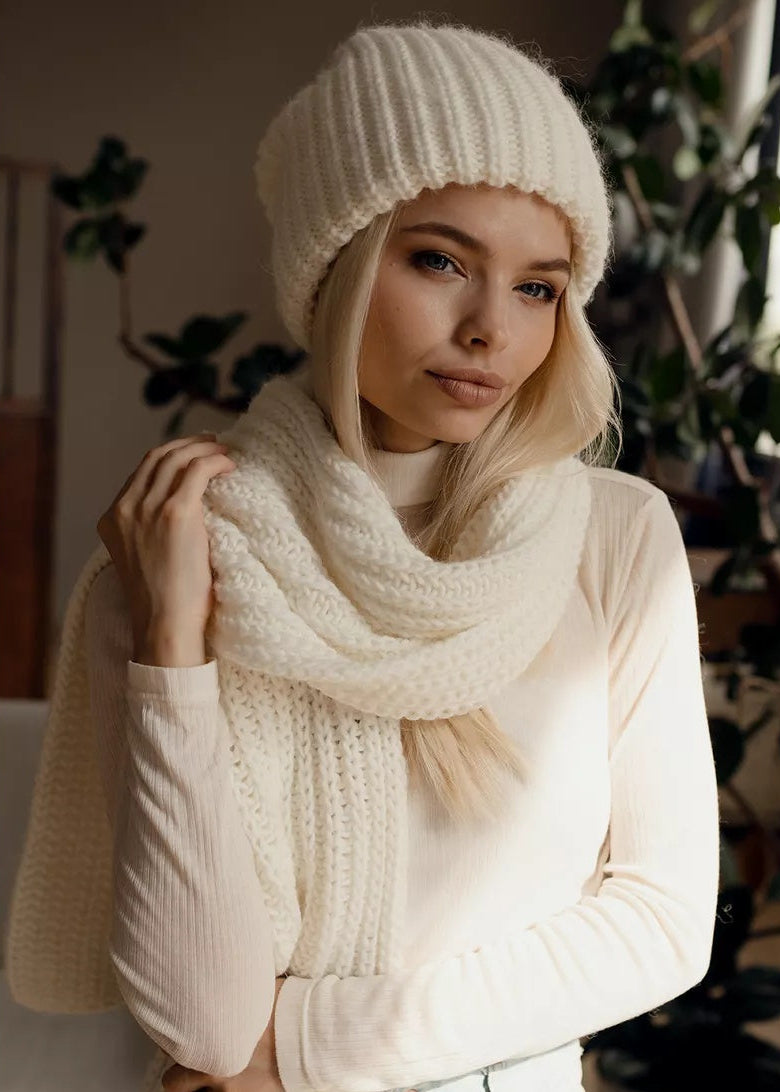 BRIKOLY London White knit beanie shown in a front view with a matching scarf.