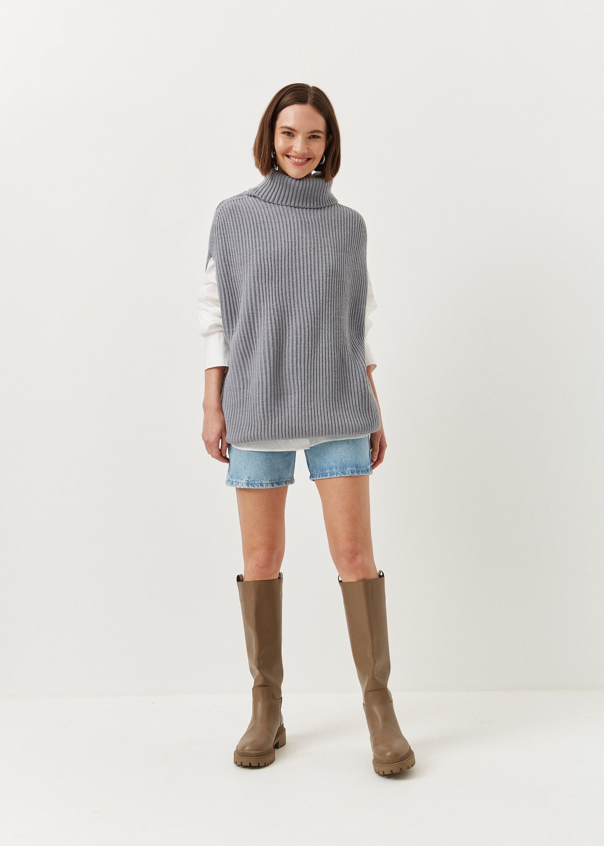 Women’s Oversized Gray Knit Sweater Vest – Long Turtleneck Layering Essential (на проверку) - BRIKOLY