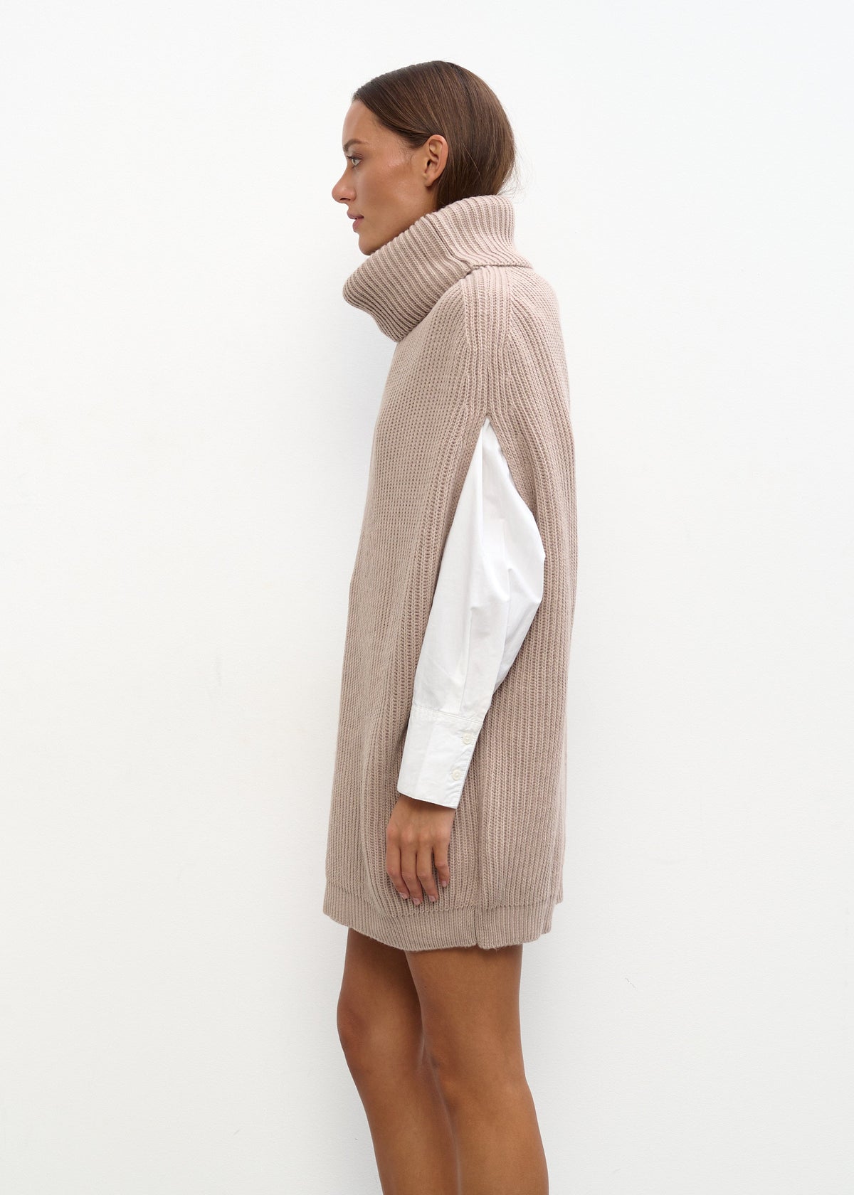 Women’s Oversized Beige Knit Sweater Vest – Long Turtleneck Layering Essential - BRIKOLY