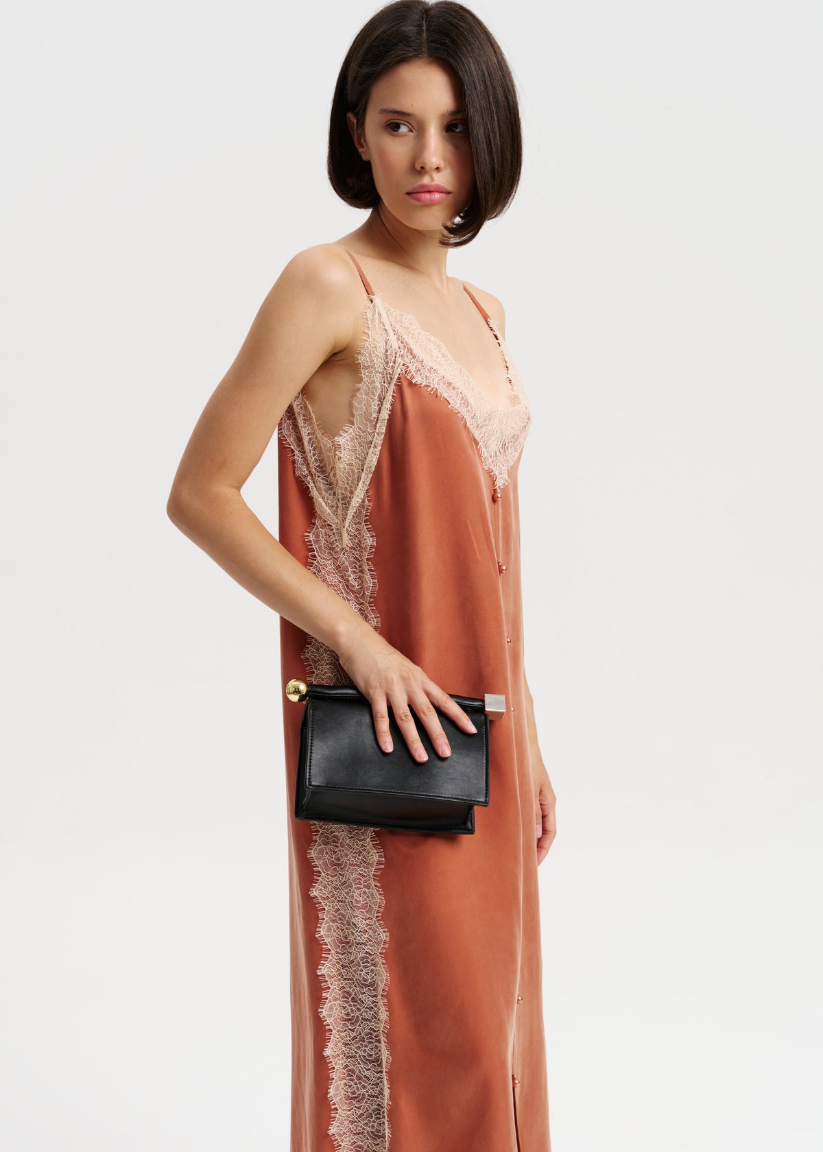Terracotta Silk Slip Dress with Lace Details & Front Buttons - BRIKOLY