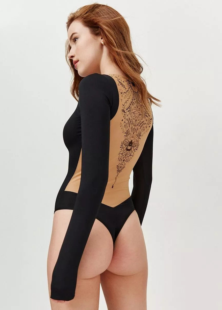 Bumblebee Bodysuit Long Sleeve Open Back with Fake Tattoo - BRIKOLY