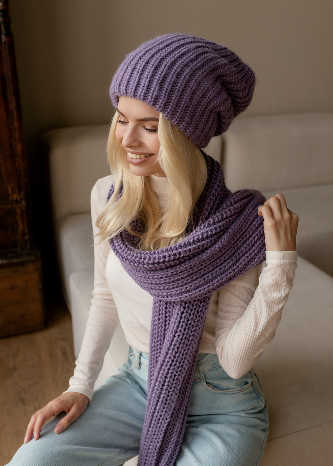 Oversized Lilac double-layer wool hat: Seated outfit view with matching scarf, sold separately