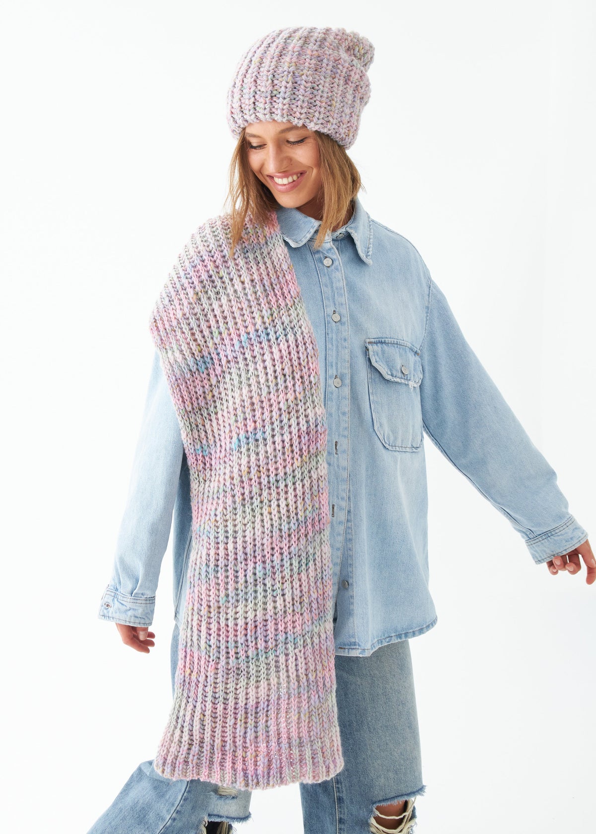 Oversized Unicorn alpaca-wool scarf: Full outfit view with matching beanie; beanie sold separately