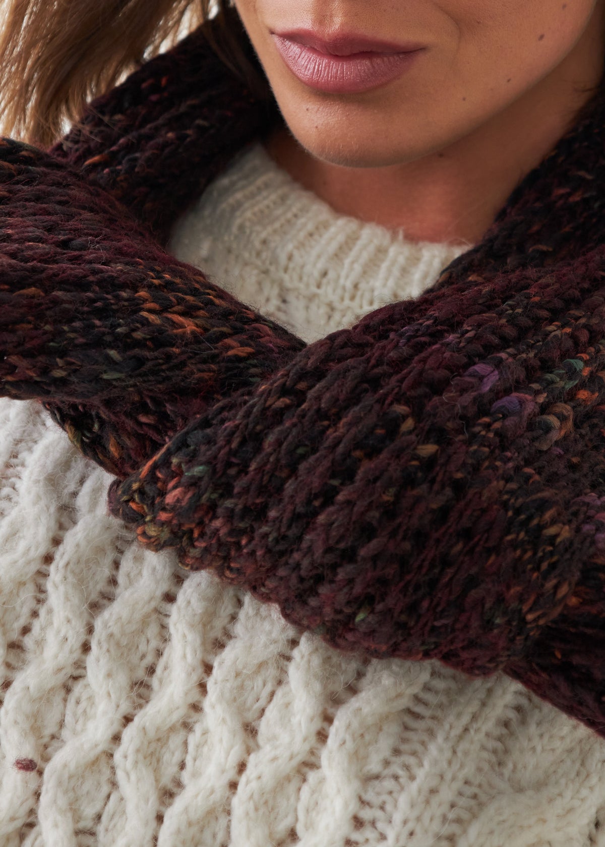 Oversized Maroon & Black alpaca-wool scarf: Close-up of the burgundy and black mixed knit; beanie sold separately
