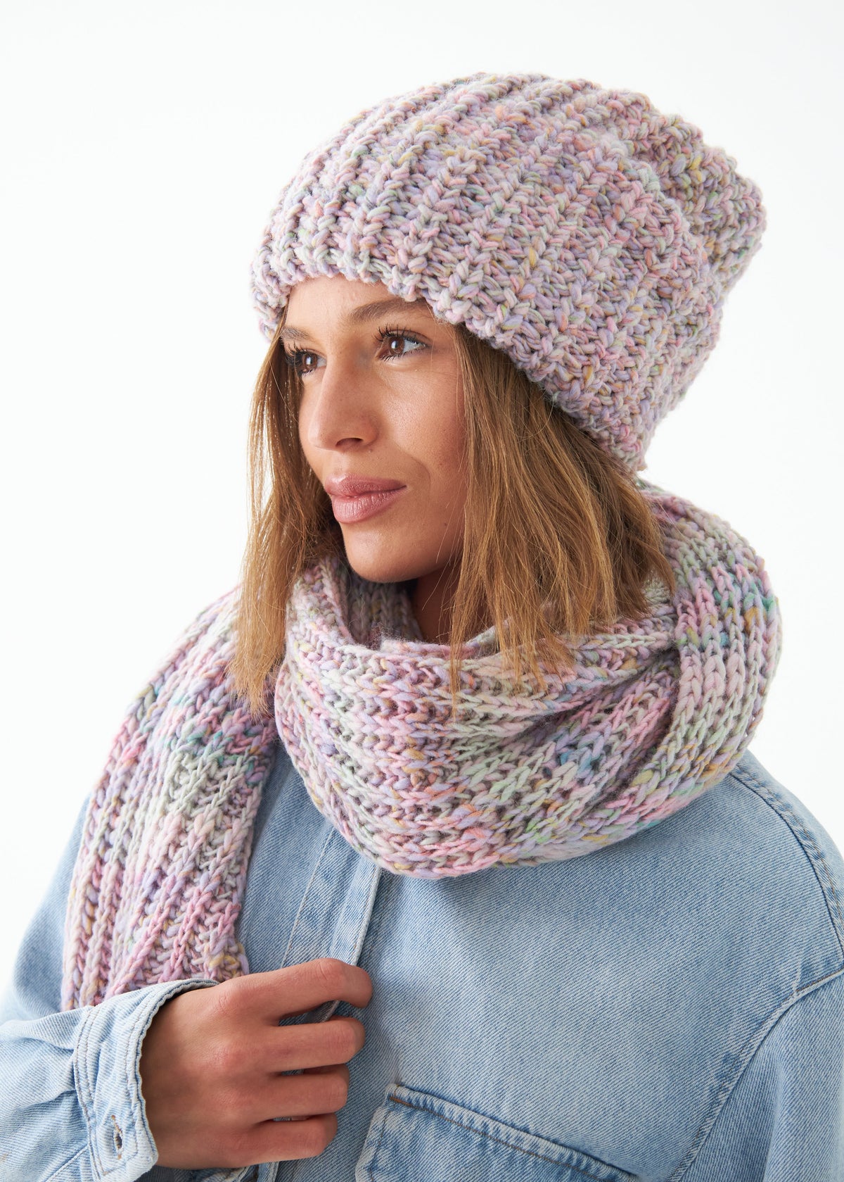 Oversized Unicorn alpaca-wool scarf: Three-quarter portrait wrapped at the neck; beanie sold separately