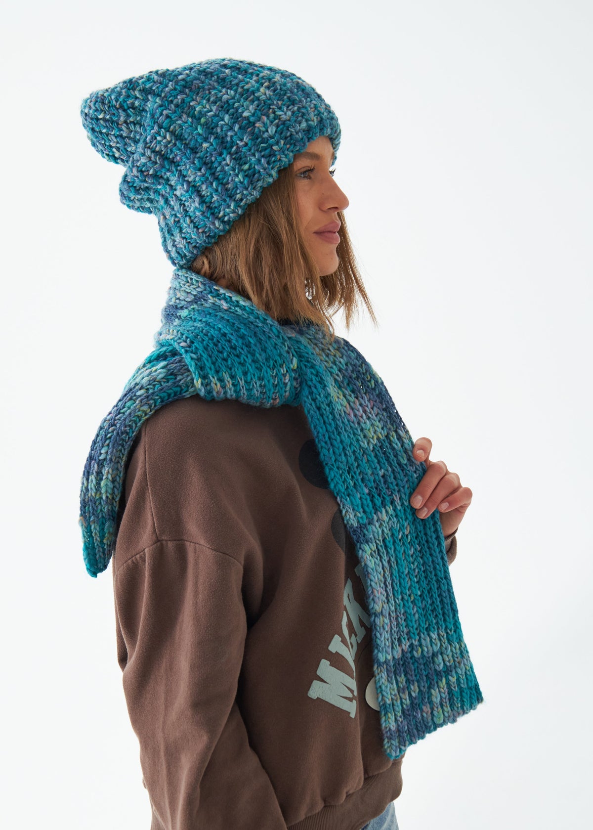 Oversized Tiffany alpaca-wool scarf: Side outfit view with matching beanie; beanie sold separately