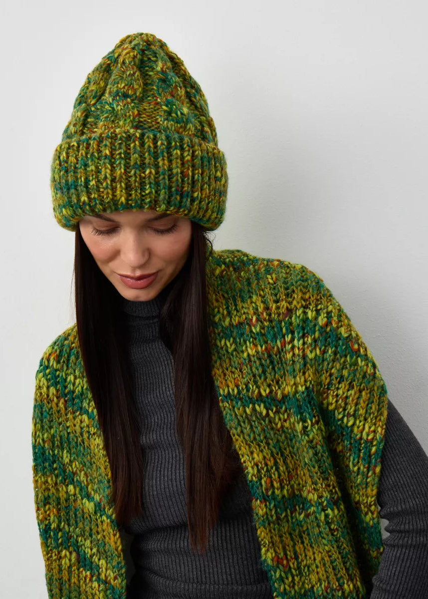 Tokyo Khaki cable knit wool beanie: Looking-down portrait with matching scarf, sold separately