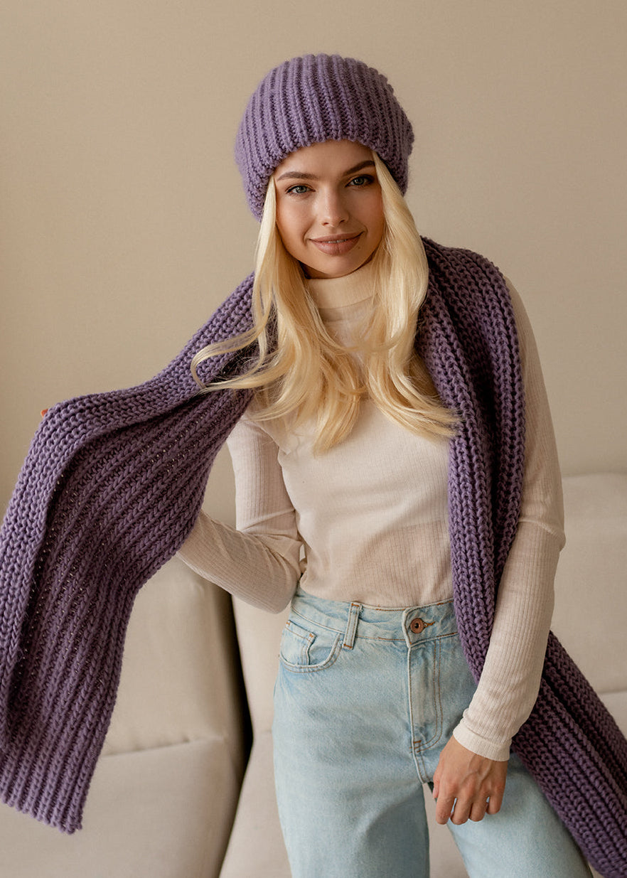 Oversized Lilac double-layer wool hat: Front seated view with matching scarf held open, sold separately