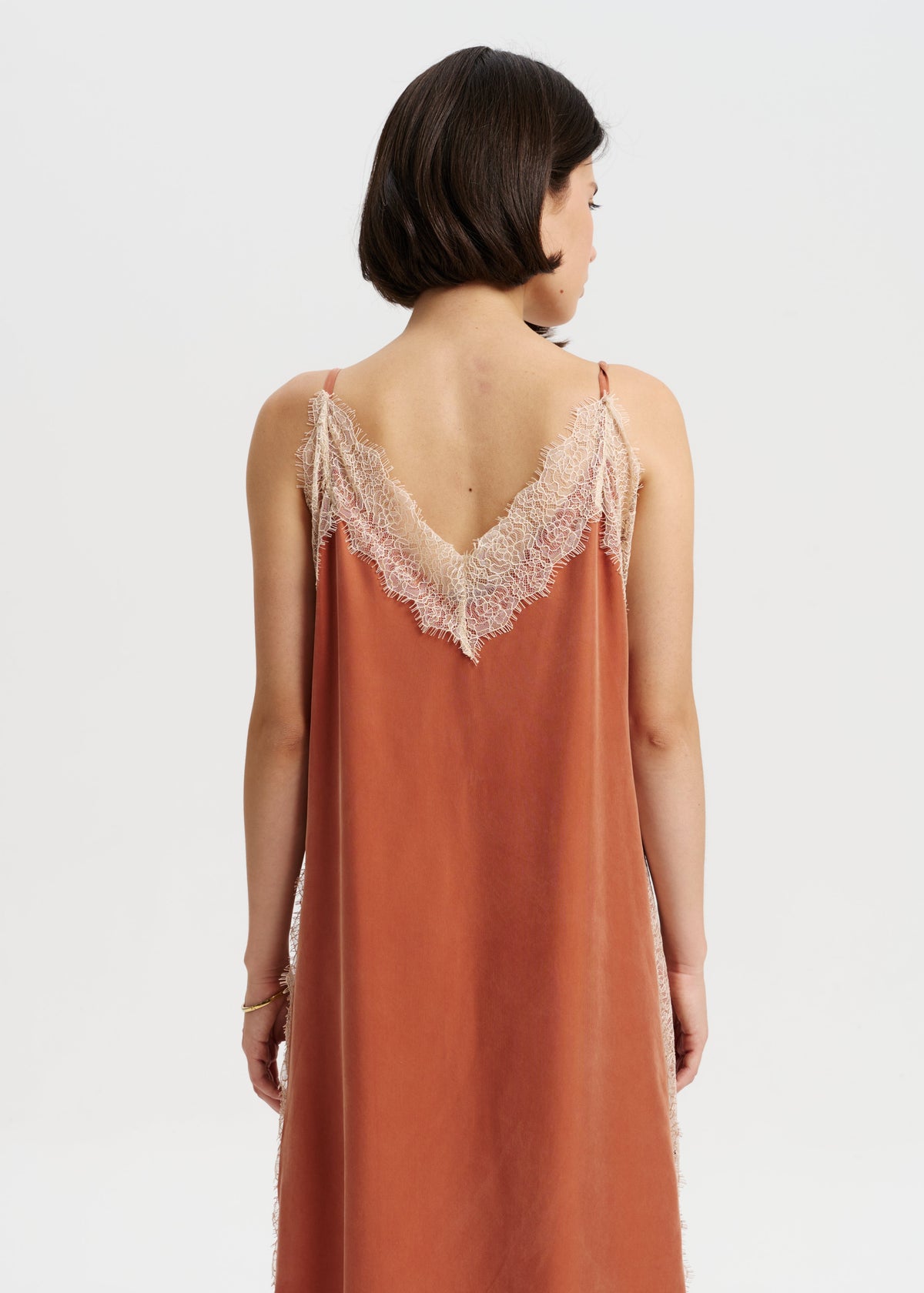 Terracotta Silk Slip Dress with Lace Details & Front Buttons - BRIKOLY