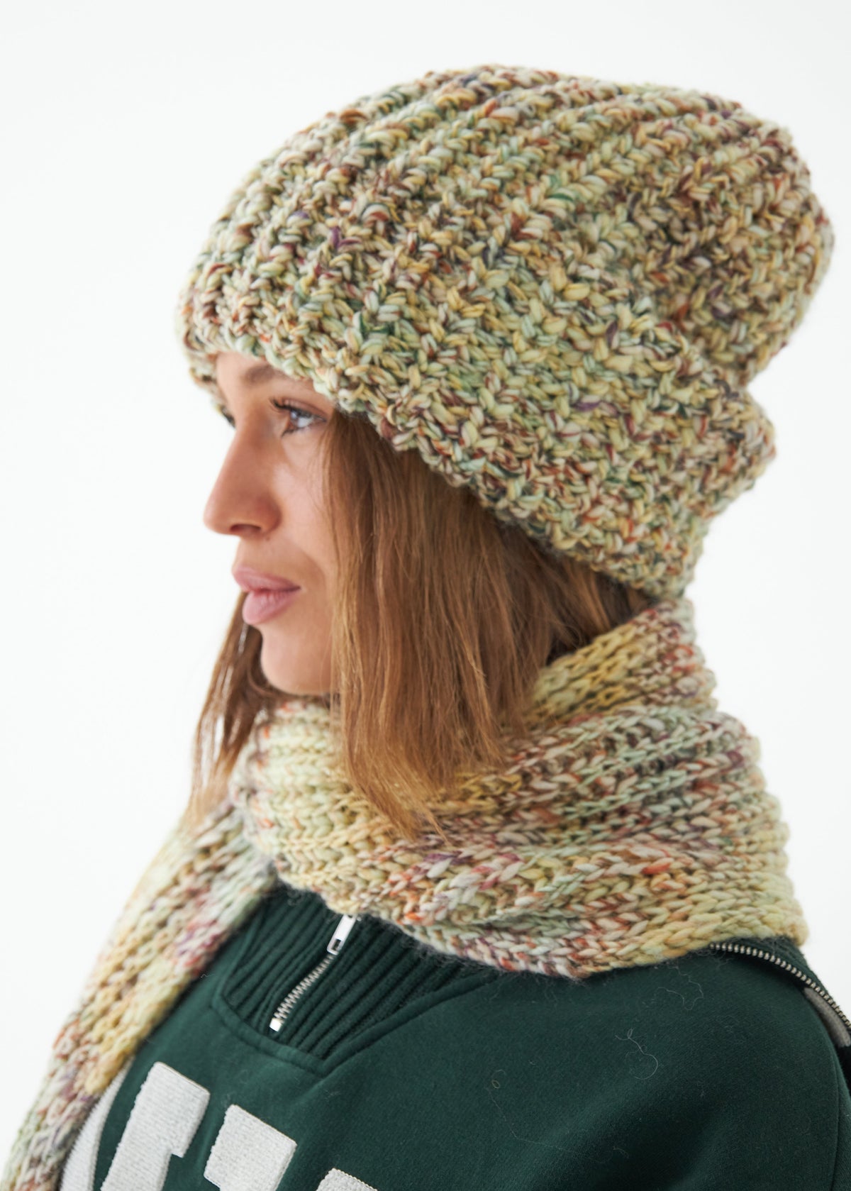 Oversized Yellow & Green alpaca-wool scarf: Side close-up with matching beanie; beanie sold separately