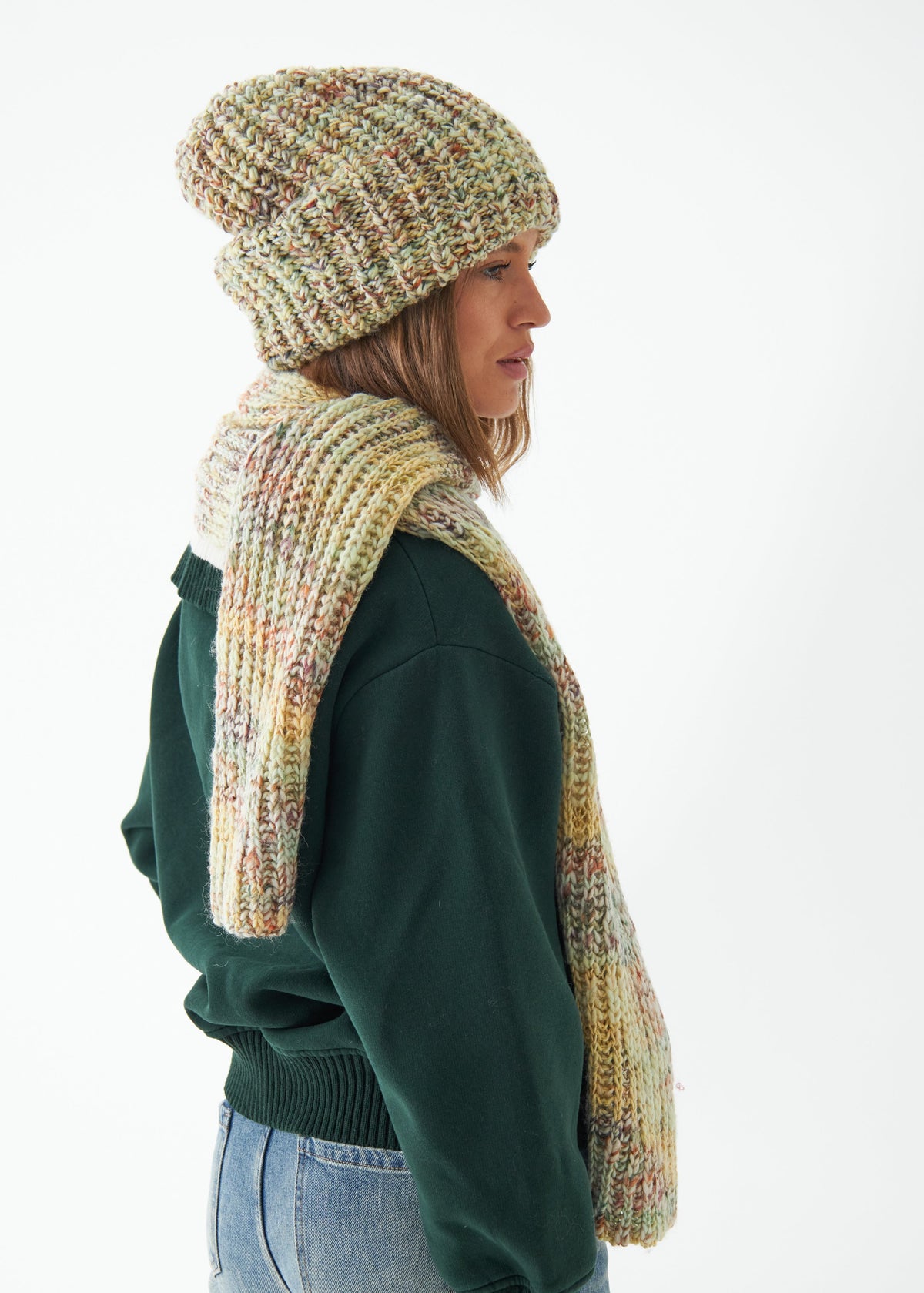 Oversized Yellow & Green alpaca-wool scarf: Rear side view showing the long end; beanie sold separately