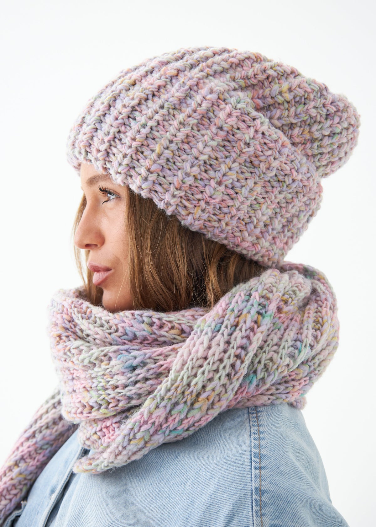 Oversized Unicorn alpaca-wool scarf: Side close-up wrapped at the neck; beanie sold separately