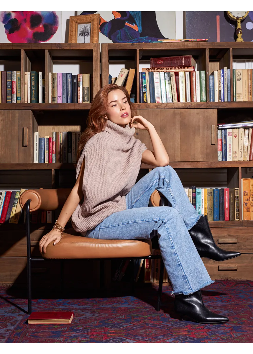 Women’s Oversized Beige Knit Sweater Vest – Long Turtleneck Layering Essential - BRIKOLY