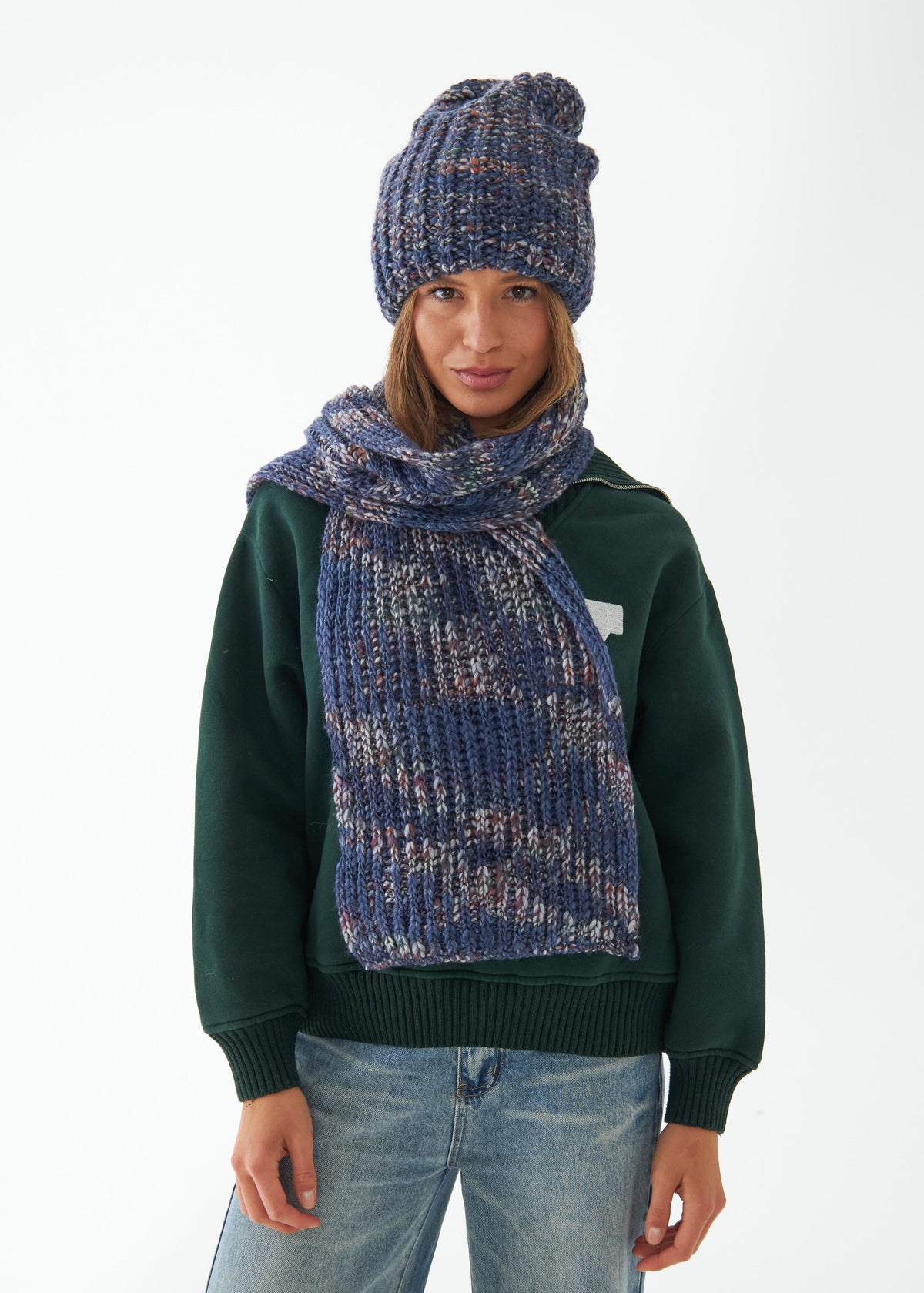 Oversized Lavender alpaca-wool scarf: Full outfit view wrapped at the neck; beanie sold separately