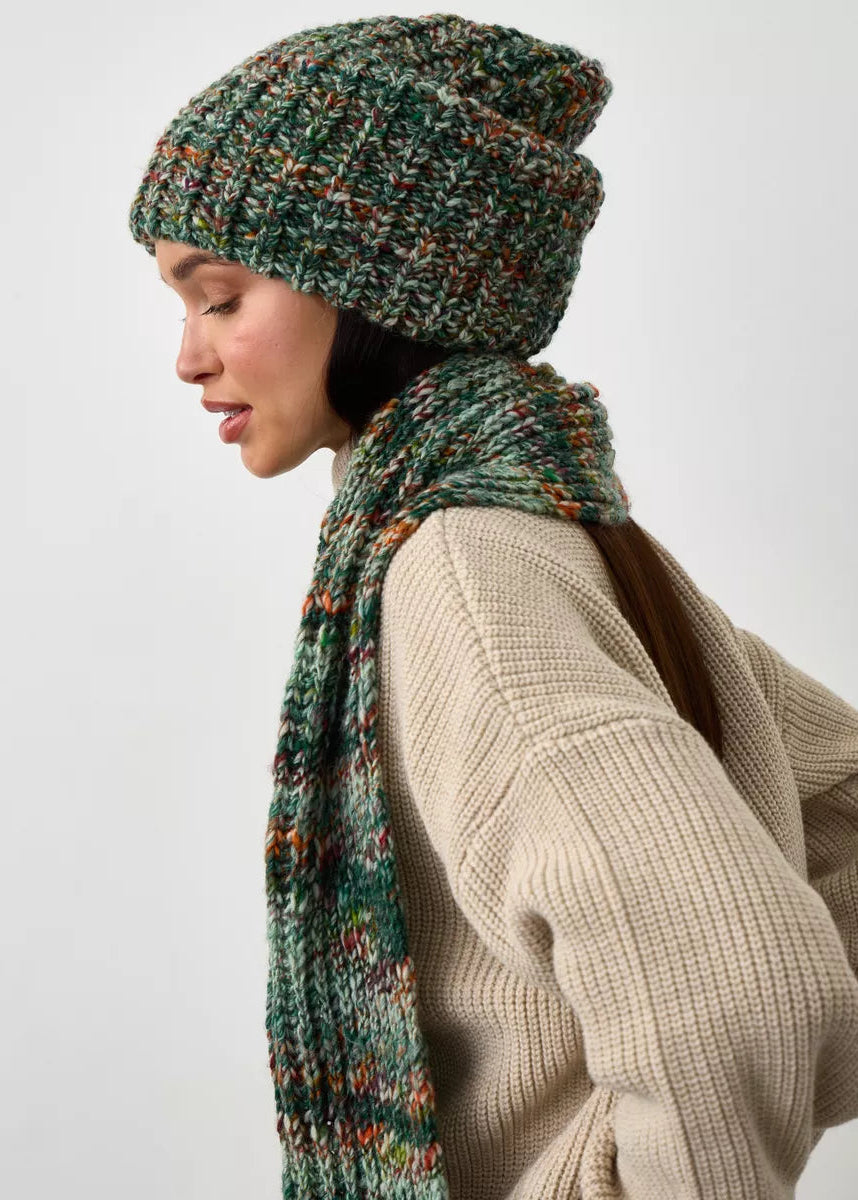 Oversized Green & Orange double-layer wool hat: Side outfit view with matching scarf, sold separately