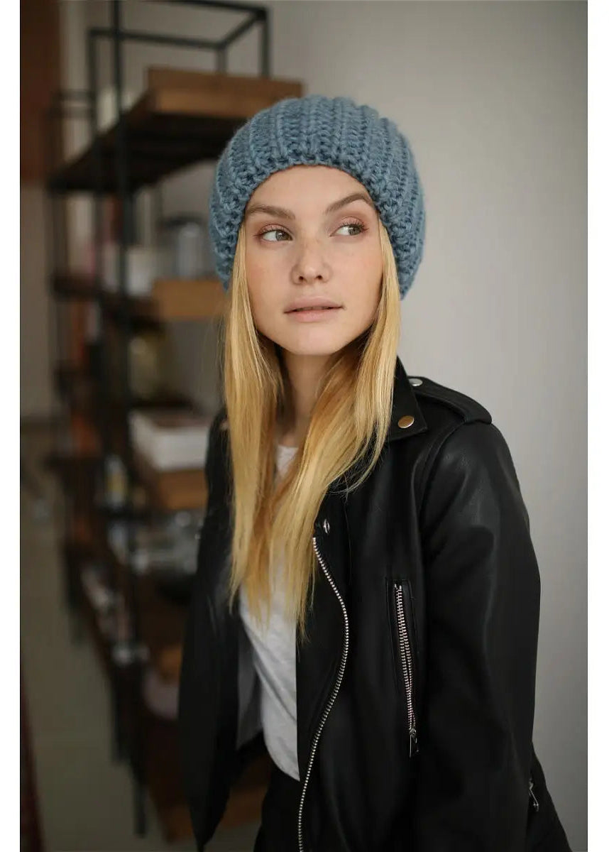 Oversized Double-Layer Wool Hat in Dusty Blue