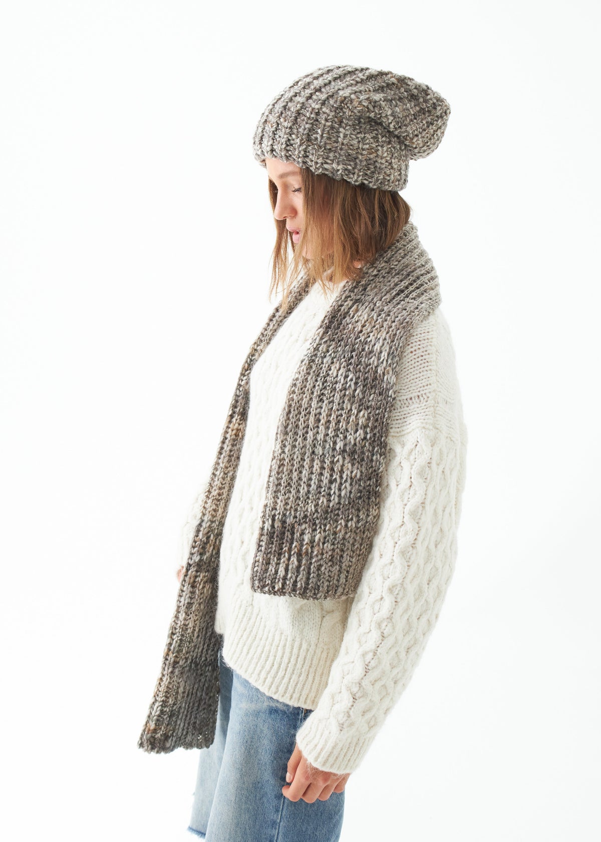 Oversized Gray alpaca-wool scarf: Side outfit view draped over shoulders; beanie sold separately