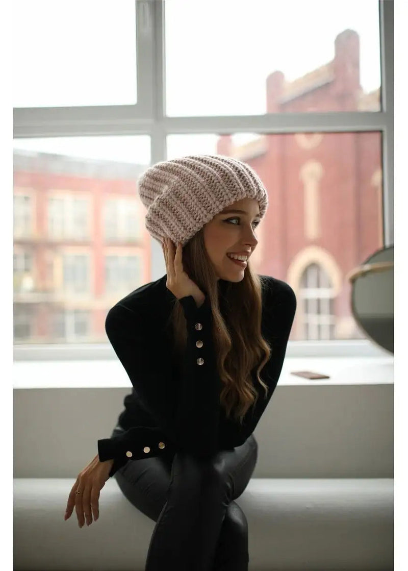 Oversized Double-Layer Wool Hat in Rose