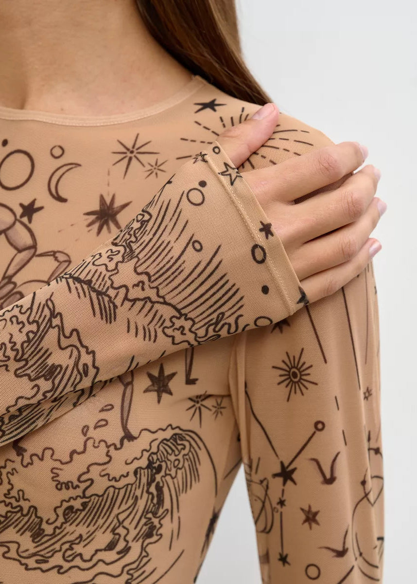 Water Essence Long Sleeve Bodysuit for Women – Unique Tattoo Design - BRIKOLY