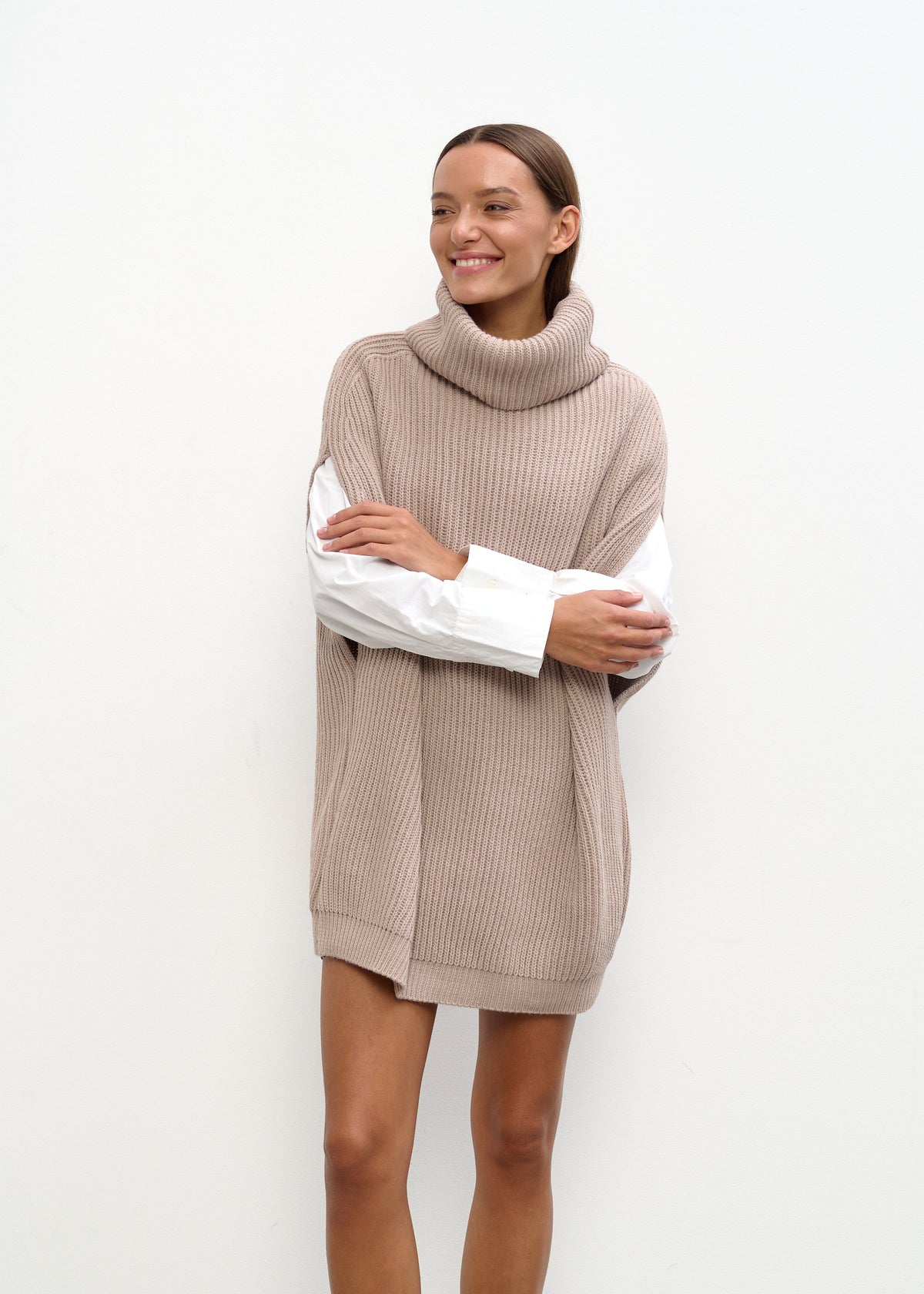 Women’s Oversized Beige Knit Sweater Vest – Long Turtleneck Layering Essential - BRIKOLY