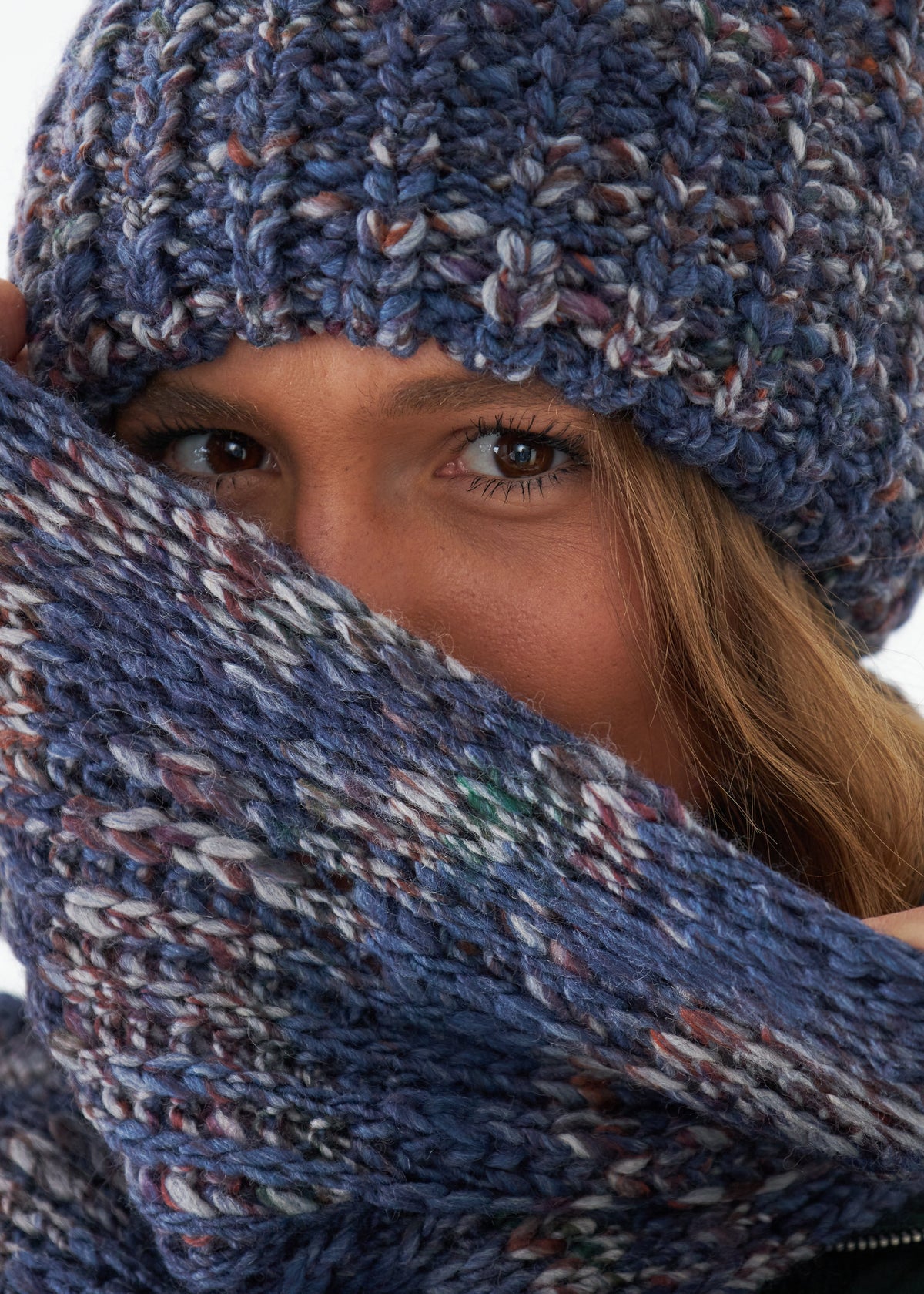 Oversized Lavender alpaca-wool scarf: Close-up of the mixed blue-gray knit; beanie sold separately